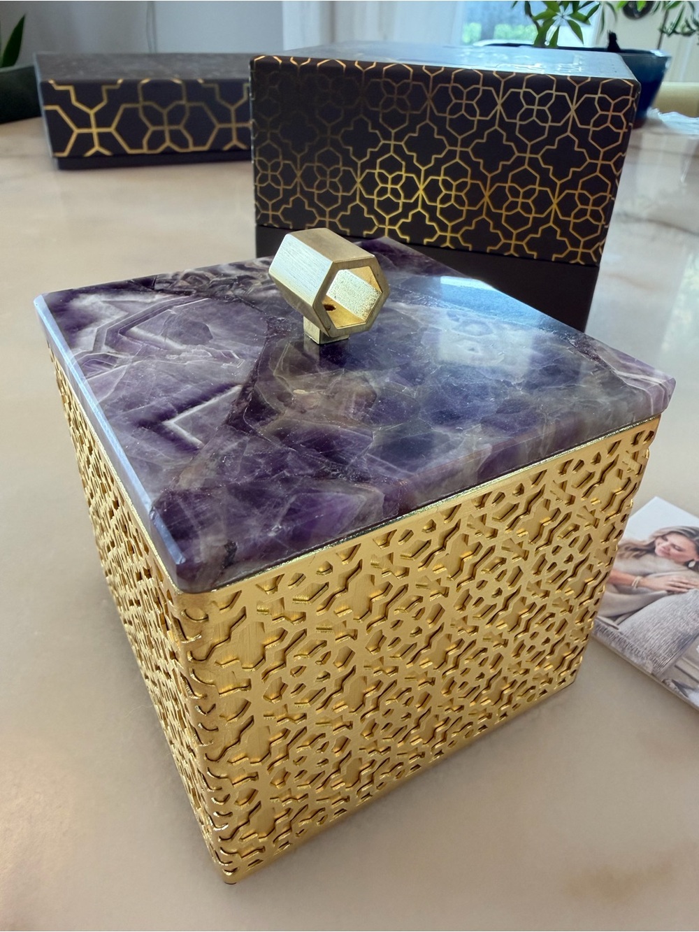 Kendra Scott Gold Filigree Decorative Box with Amethyst Stone Lid